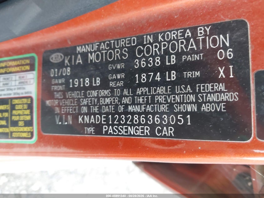 KIA RIO 2008 VIN KNADE123286363051