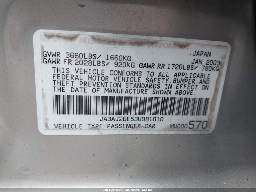 MITSUBISHI LANCER 2003 VIN JA3AJ26E53U081010