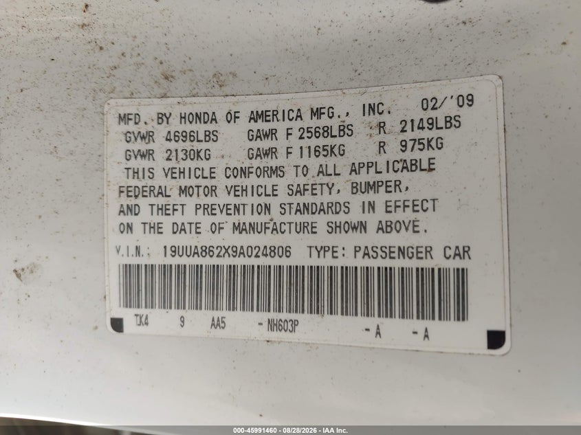 ACURA TL 2009 VIN 19UUA862X9A024806