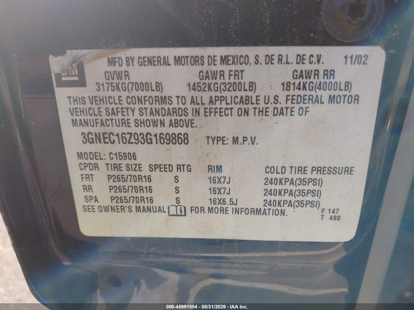 2003 CHEVROLET EXPRESS SPORT UTILITY VEHICLE 5.3L V-8 285HP