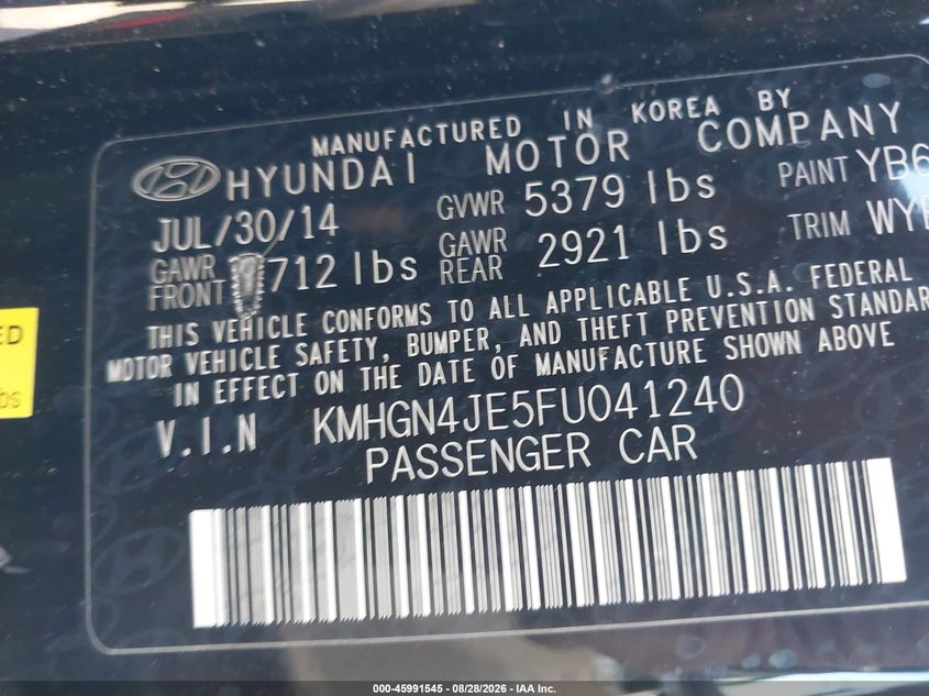 HYUNDAI GENESIS 2015 VIN KMHGN4JE5FU041240