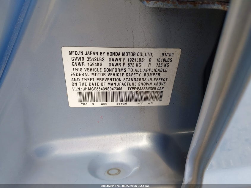 HONDA FIT 2009 VIN JHMGE88439S047366