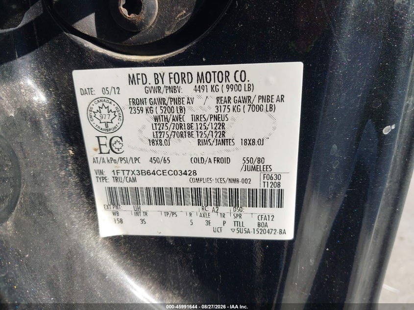 FORD SUPER DUTY F-350 SRW 2012 VIN 1FT7X3B64CEC03428