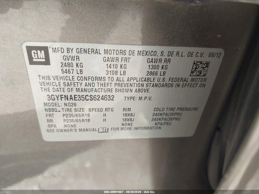 CADILLAC SRX 2012 VIN 3GYFNAE35CS624632