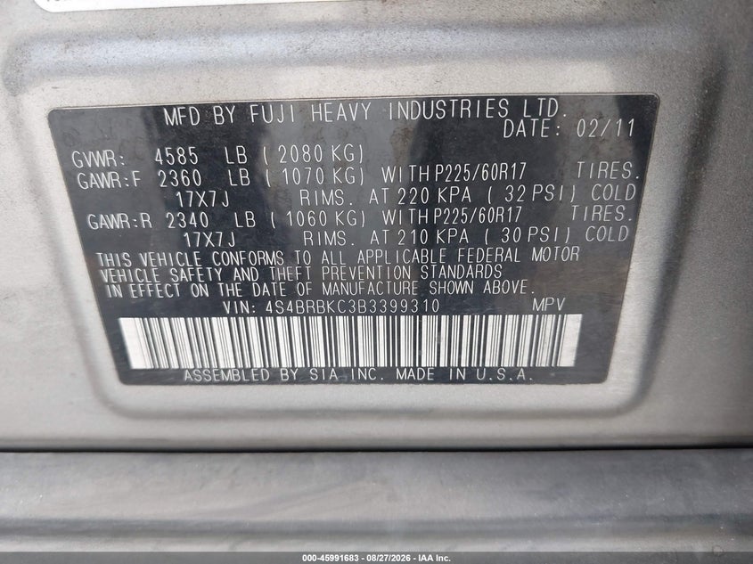 SUBARU OUTBACK 2011 VIN 4S4BRBKC3B3399310