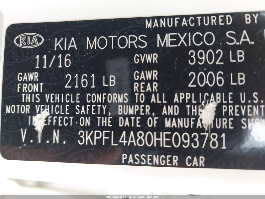 2017 KIA FORTE SEDAN 2.0L I-4 DI, DOHC, VVT, 164HP