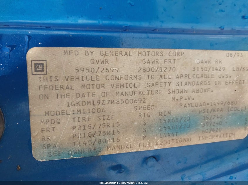GMC SAFARI 1994 VIN 1GKDM19Z7RB500692