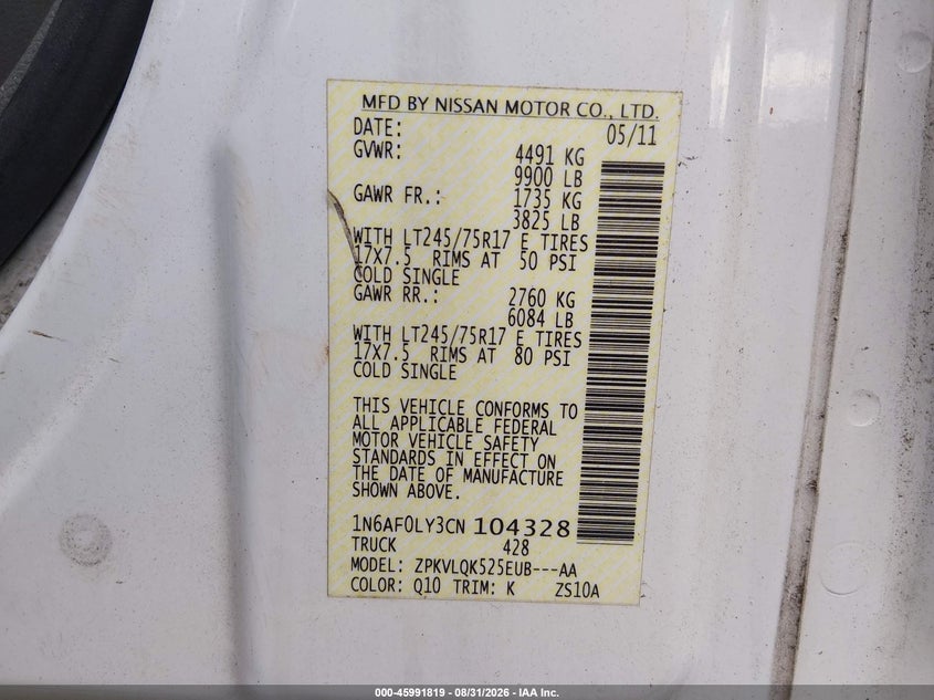 NISSAN NV 3500 2012 VIN 1N6AF0LY3CN104328