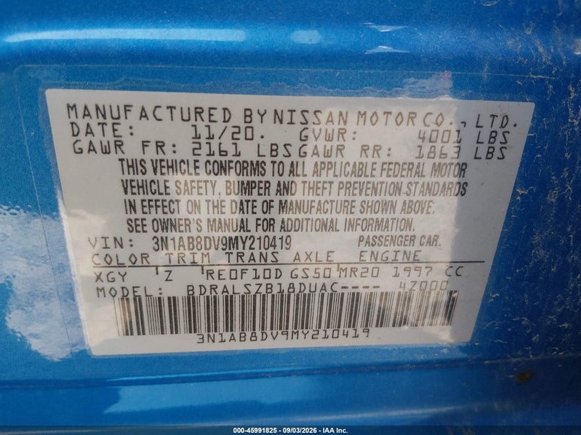 NISSAN SENTRA 2021 VIN 3N1AB8DV9MY210419