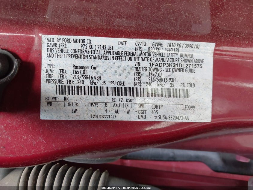 FORD FOCUS 2013 VIN 1FADP3K21DL271575