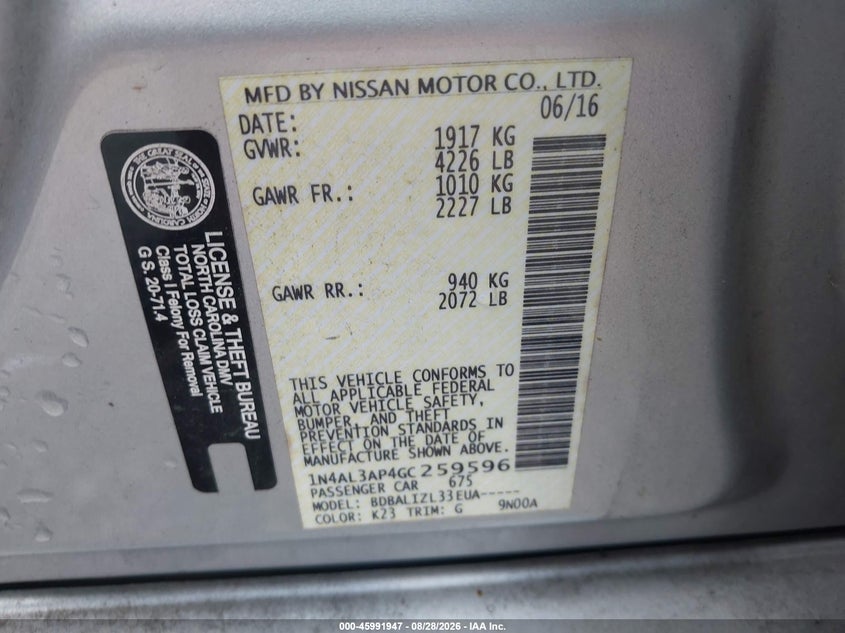 NISSAN ALTIMA 2016 VIN 1N4AL3AP4GC259596
