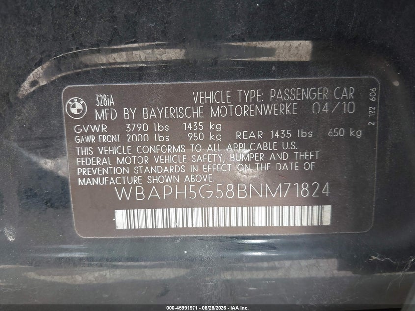 BMW 328I 2011 VIN WBAPH5G58BNM71824