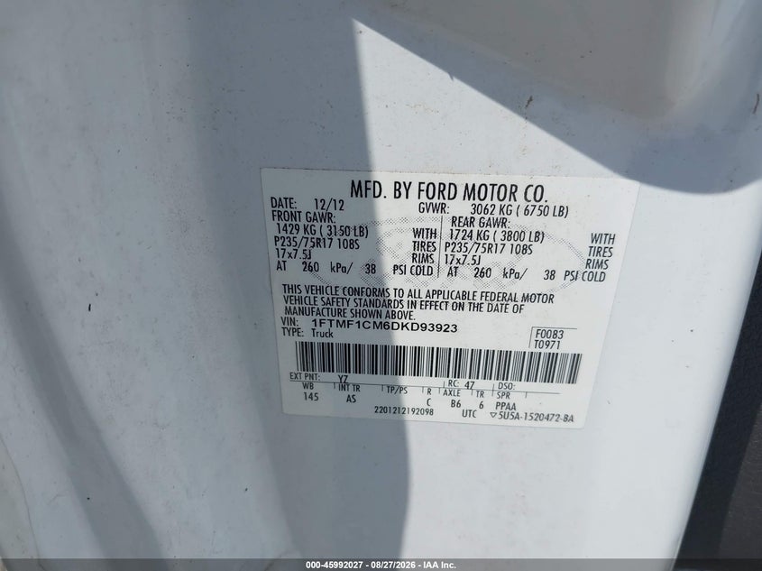 FORD F-150 2013 VIN 1FTMF1CM6DKD93923