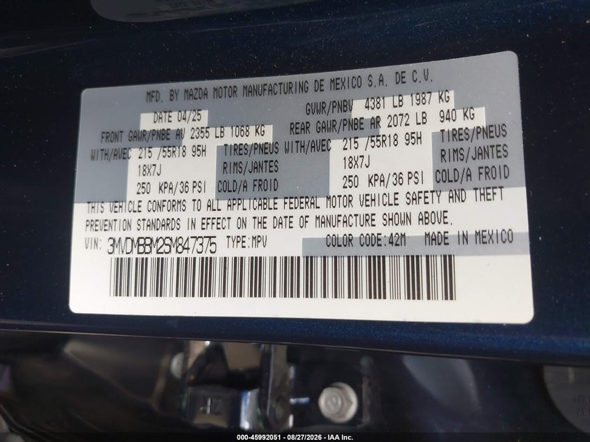 MAZDA CX-30 2025 VIN 3MVDMBBM2SM847375