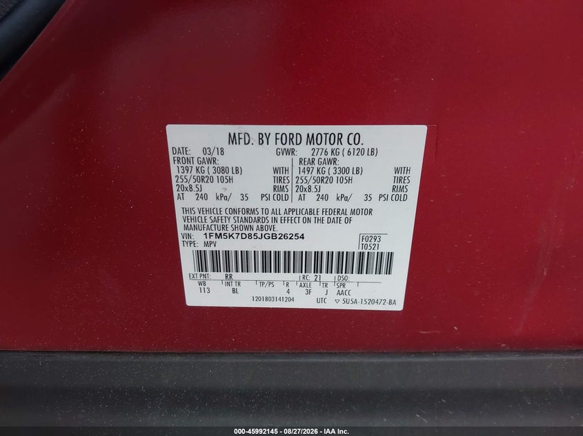 FORD EXPLORER 2018 VIN 1FM5K7D85JGB26254