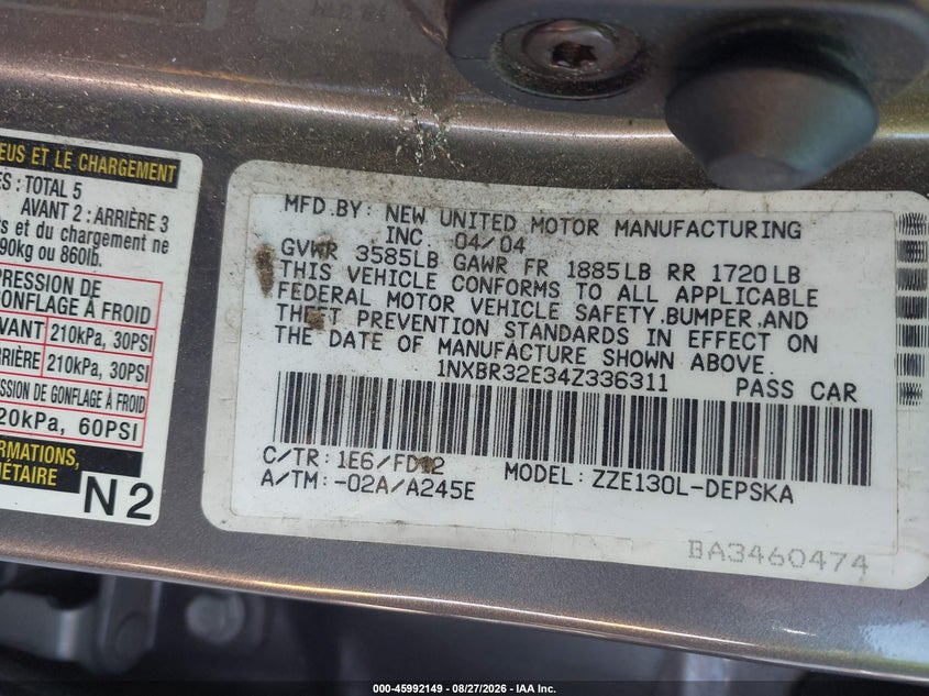 2004 TOYOTA COROLLA SEDAN 1.8L I-4 DOHC, VVT, REGULAR , 130HP