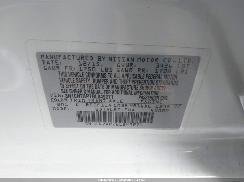 2016 NISSAN VERSA SEDAN 1.6L I-4 DOHC, VVT, REGULAR , 109HP