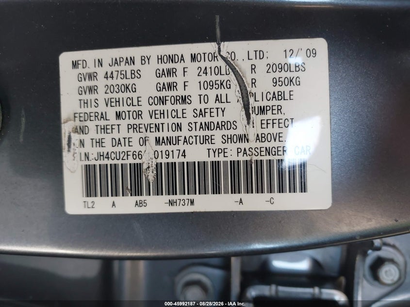 ACURA TSX 2010 VIN JH4CU2F66AC019174