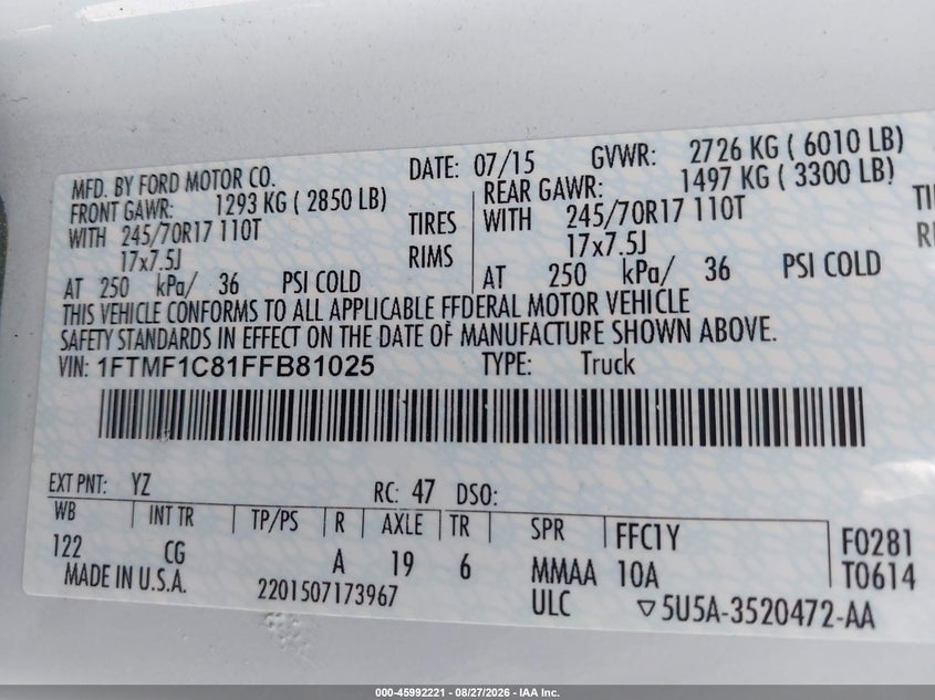 2015 FORD F-150 TRUCK 3.5L V-6 DOHC, VVT, 282HP
