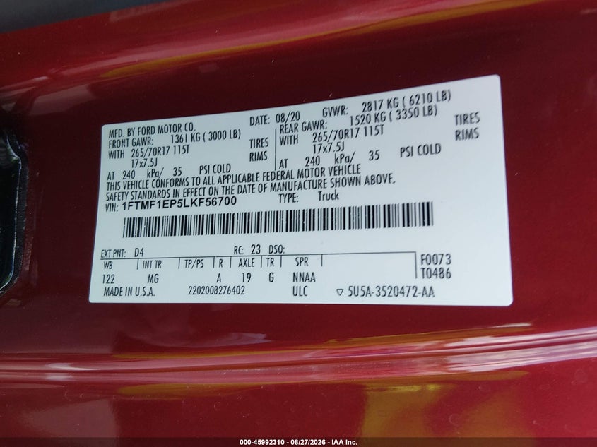 FORD F-150 2020 VIN 1FTMF1EP5LKF56700