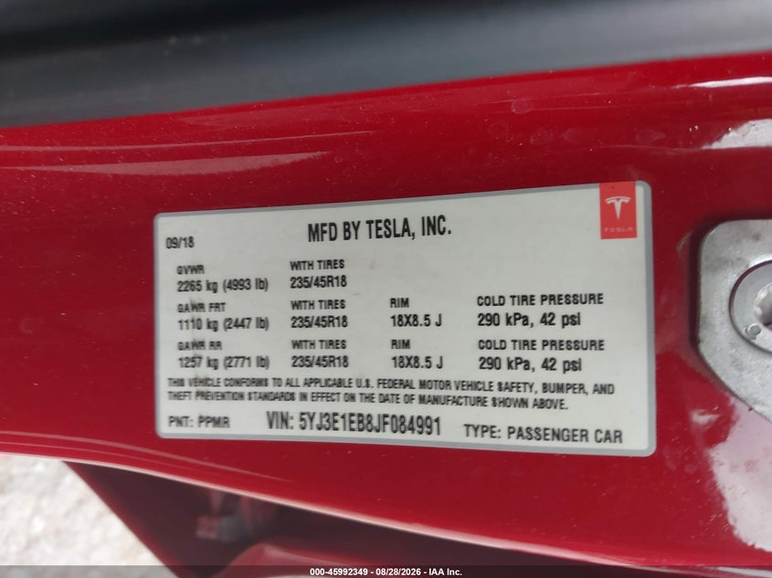 2018 TESLA MODEL 3 SEDAN ELECTRIC