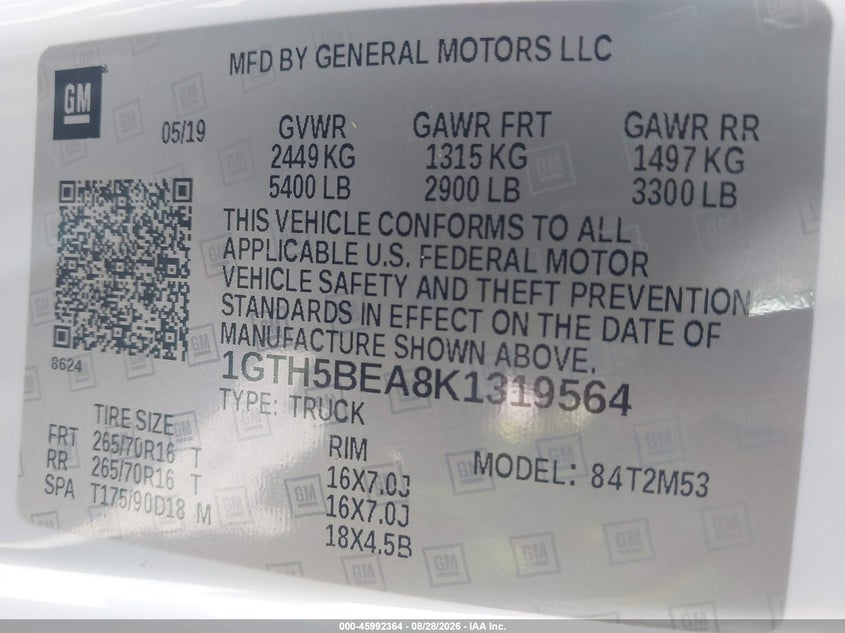 GMC CANYON 2019 VIN 1GTH5BEA8K1319564