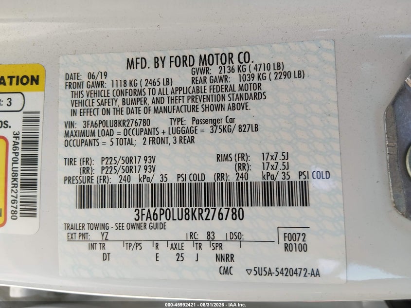 2019 FORD FUSION SEDAN 2.0L I-4 DOHC, VVT, REGULAR , 141HP