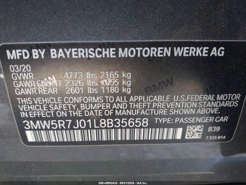 BMW 330I 2020 VIN 3MW5R7J01L8B35658