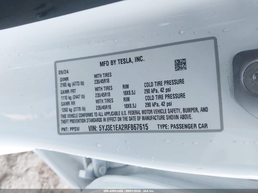 TESLA MODEL 3 2024 VIN 5YJ3E1EA2RF867615