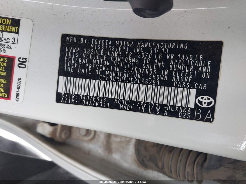 2014 TOYOTA COROLLA SEDAN 1.8L I-4 DOHC, VVT, REGULAR , 132HP
