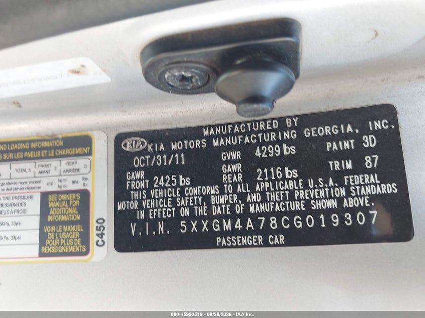 KIA OPTIMA 2012 VIN 5XXGM4A78CG019307