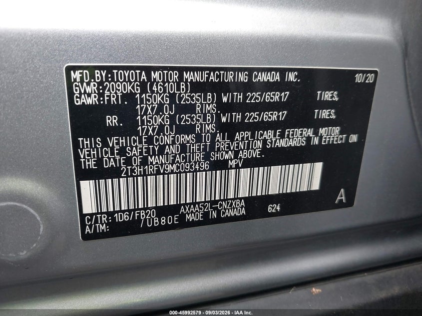 2021 TOYOTA RAV 4 SPORT UTILITY VEHICLE 2.5L I-4 DI, DOHC, VVT, REGULAR , 203HP