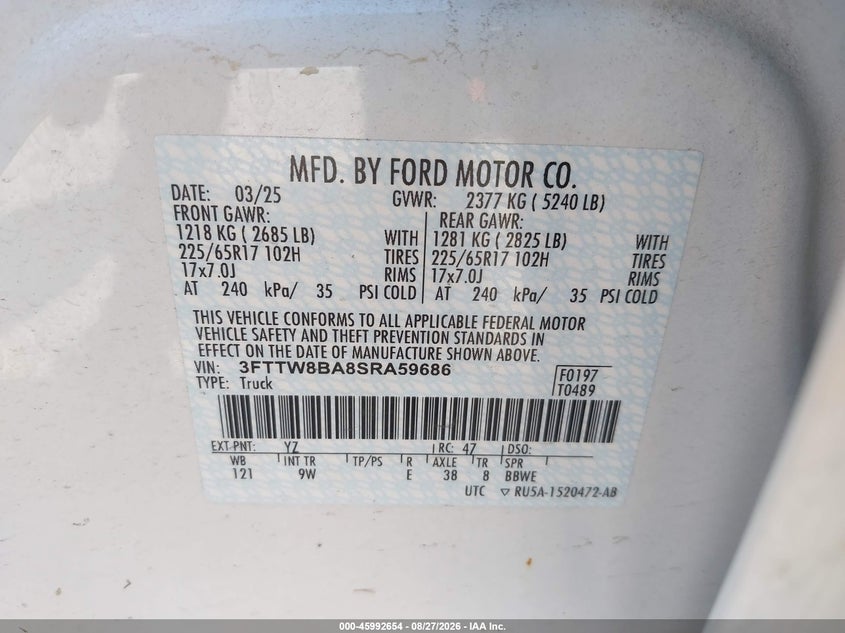FORD MAVERICK 2025 VIN 3FTTW8BA8SRA59686