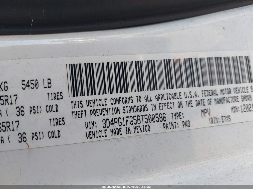 DODGE JOURNEY 2011 VIN 3D4PG1FG5BT500586