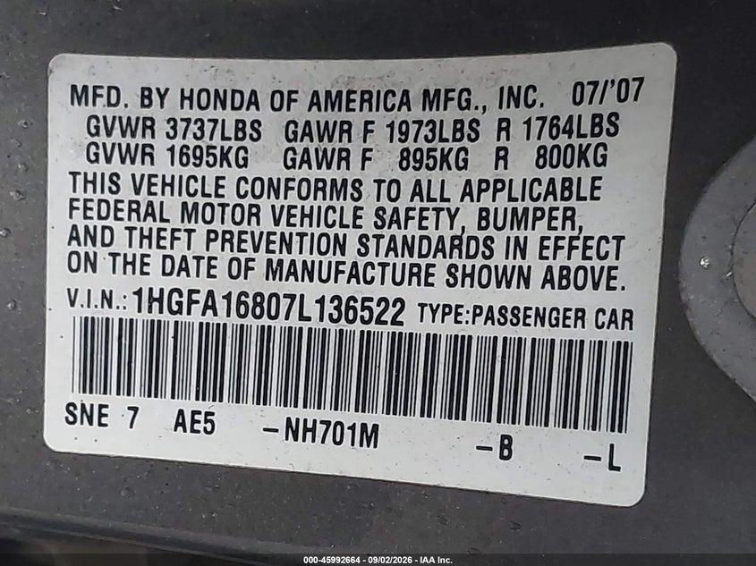 HONDA CIVIC 2007 VIN 1HGFA16807L136522