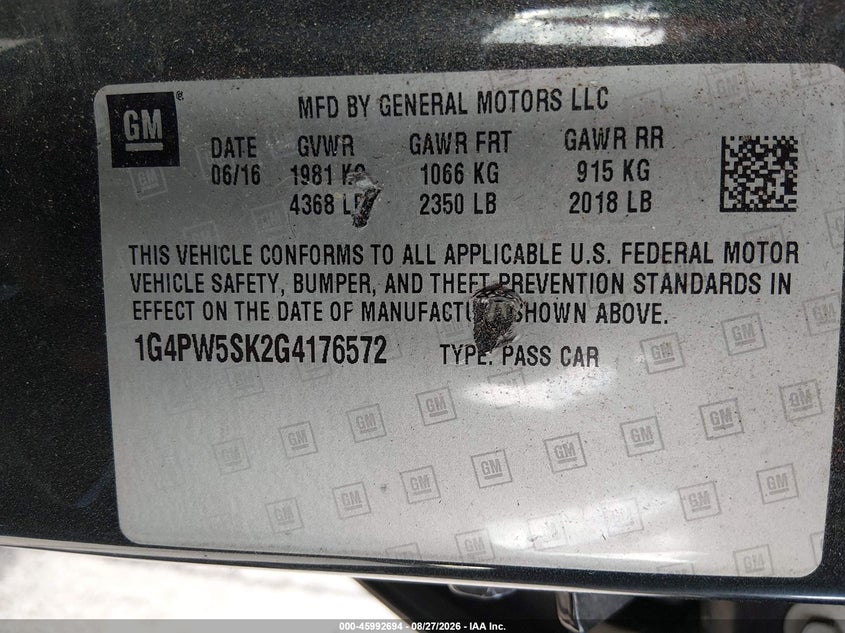 2016 BUICK VERANO SEDAN 2.4L I-4 DI, DOHC, VVT, REGULAR , 180HP