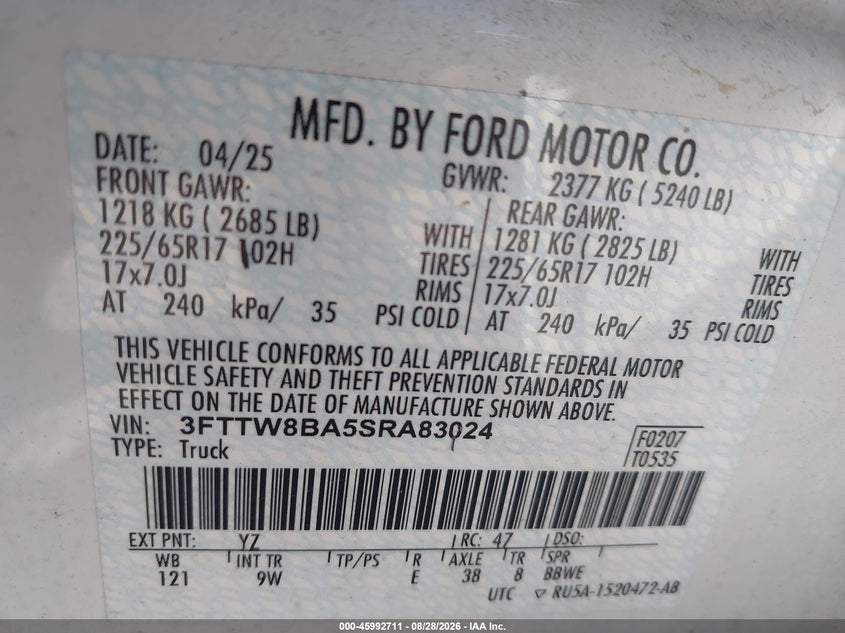 FORD MAVERICK 2025 VIN 3FTTW8BA5SRA83024