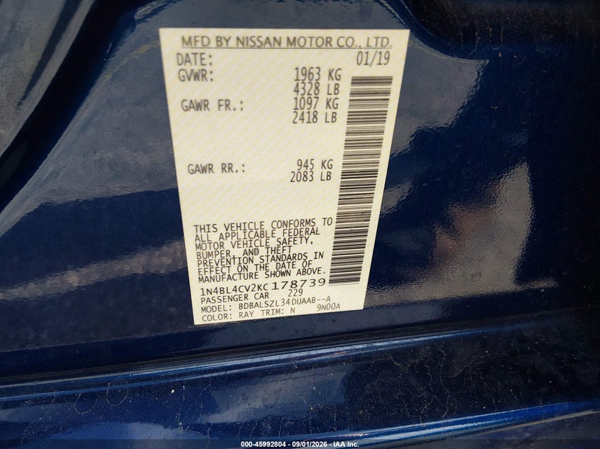 NISSAN ALTIMA 2019 VIN 1N4BL4CV2KC178739