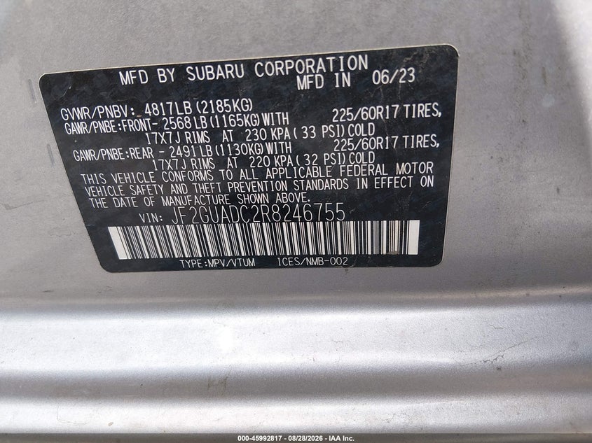 SUBARU CROSSTREK 2024 VIN JF2GUADC2R8246755