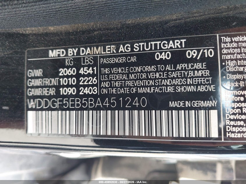 MERCEDES-BENZ C 300 2011 VIN WDDGF5EB5BA451240