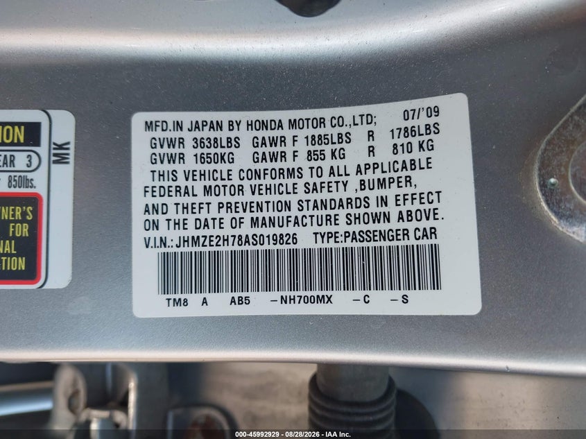 HONDA INSIGHT 2010 VIN JHMZE2H78AS019826