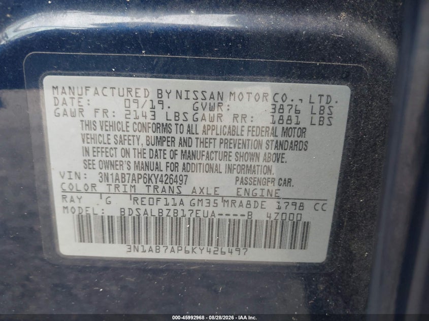 NISSAN SENTRA 2019 VIN 3N1AB7AP6KY426497