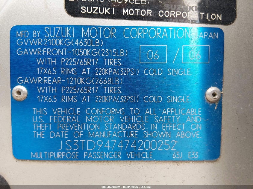 SUZUKI GRAND VITARA 2007 VIN JS3TD947474200252