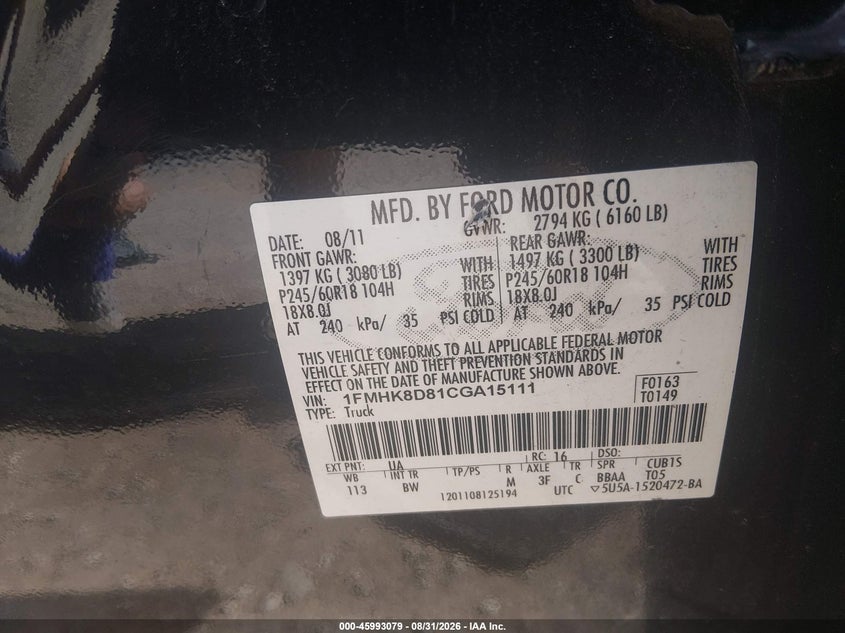 FORD EXPLORER 2012 VIN 1FMHK8D81CGA15111