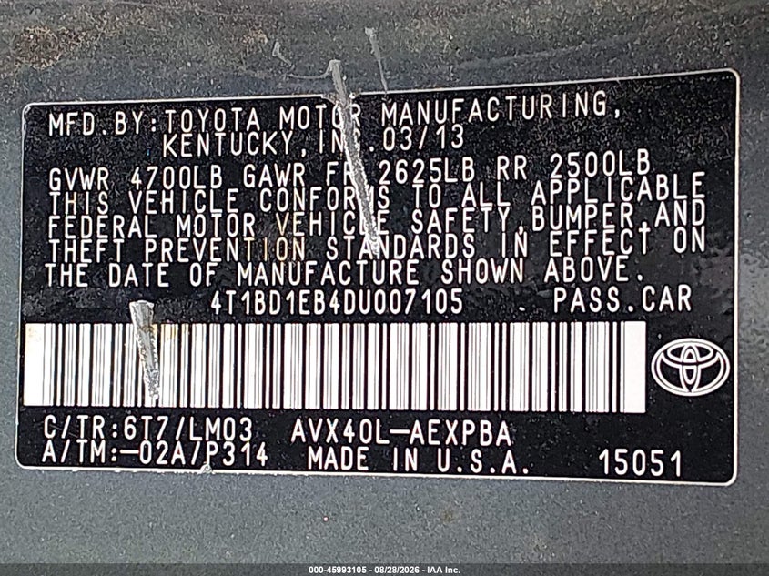 2013 TOYOTA AVALON SEDAN 2.5L I-4 DOHC, VVT, REGULAR , 156HP