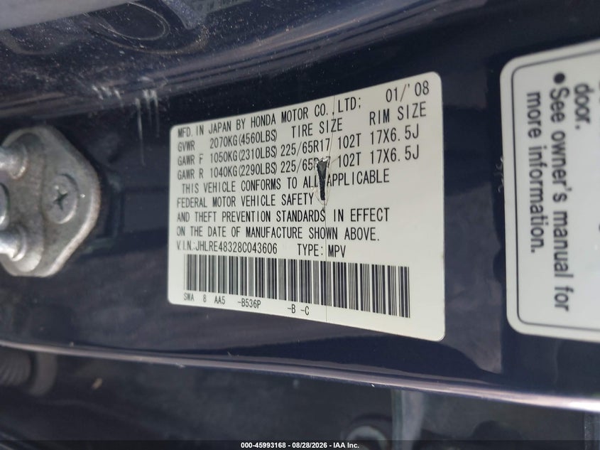 HONDA CR-V 2008 VIN JHLRE48328C043606