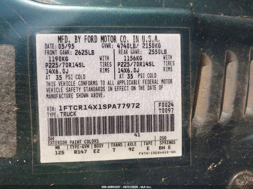 FORD RANGER 1995 VIN 1FTCR14X1SPA77972