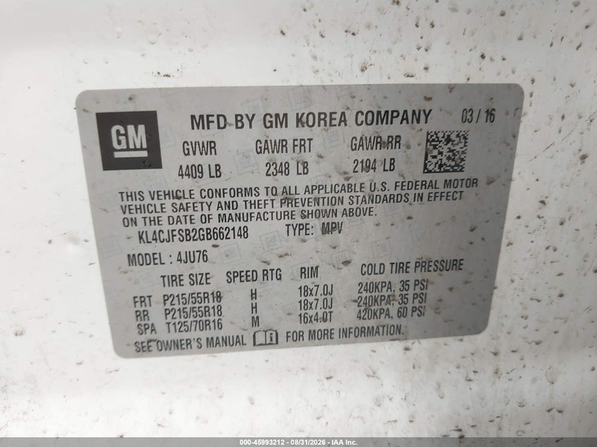 BUICK ENCORE 2016 VIN KL4CJFSB2GB662148