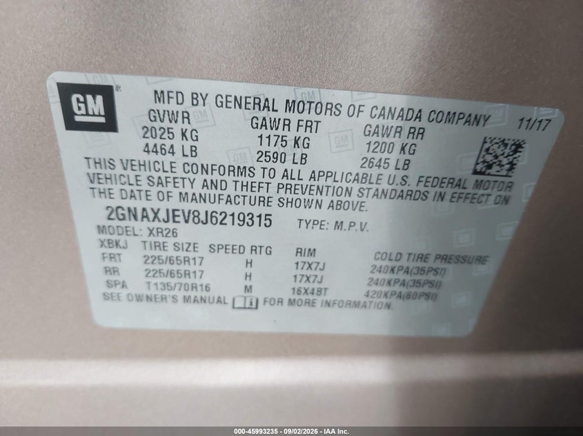 CHEVROLET EQUINOX 2018 VIN 2GNAXJEV8J6219315