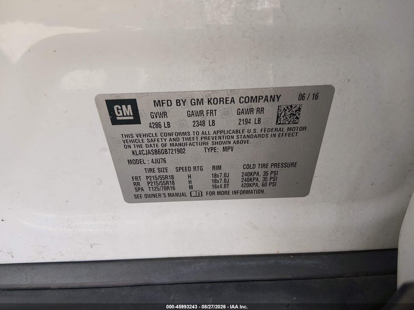 BUICK ENCORE 2016 VIN KL4CJASB6GB721902